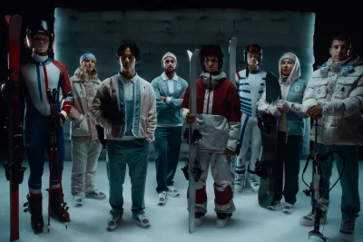 Visuel de la campagne “Le retour du frisson“ pour les Jeux de Milan-Cortina avec Arthur Bauchet, Emily Harrop, Adam Siao Him Fa, Benjamin Daviet, Perrine Laffont, Alexis Pinturault, Cécile Hernandez et Quentin Fillon Maillet 